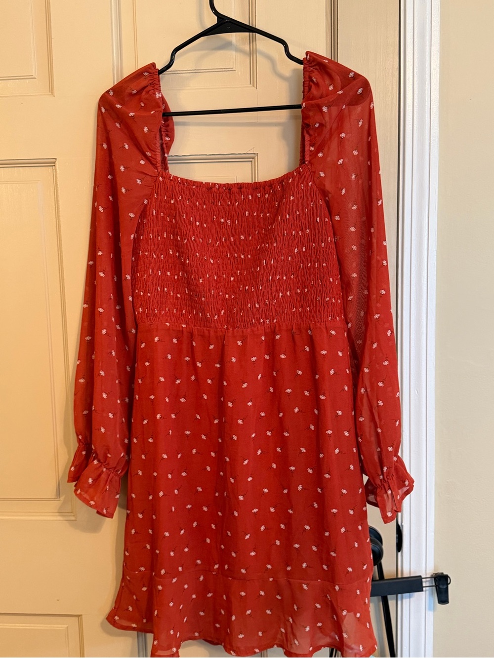 Blue Rain Rust Orange Mini Dress with White Floral Print and Smocked Bodice